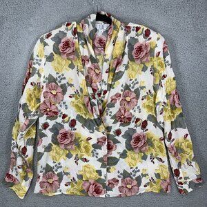 S. L. B. Womens M Colorful Floral Silk Button Long Sleeve Blouse Shoulder Pads